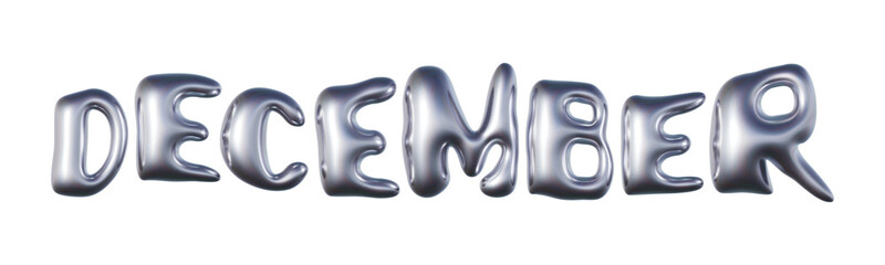 December written in three-dimensional Y2K glossy chrome blob lettering isolated on transparent background. 3D rendering