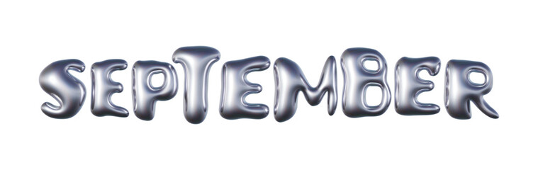 September written in three-dimensional Y2K glossy chrome blob lettering isolated on transparent background. 3D rendering