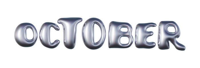 October written in three-dimensional Y2K glossy chrome blob lettering isolated on transparent background. 3D rendering