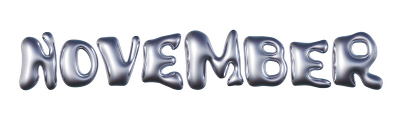 November written in three-dimensional Y2K glossy chrome blob lettering isolated on transparent background. 3D rendering