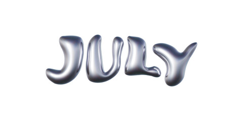 July written in three-dimensional Y2K glossy chrome blob lettering isolated on transparent background. 3D rendering