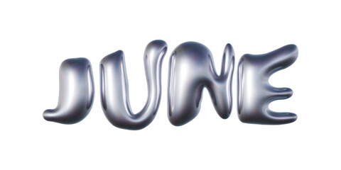 June written in three-dimensional Y2K glossy chrome blob lettering isolated on transparent background. 3D rendering
