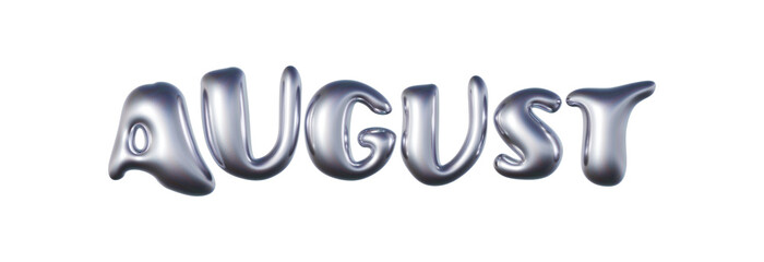 August written in three-dimensional Y2K glossy chrome blob lettering isolated on transparent background. 3D rendering