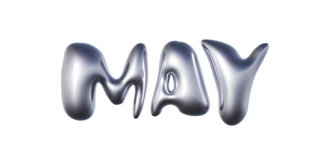 May written in three-dimensional Y2K glossy chrome blob lettering isolated on transparent background. 3D rendering