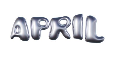 April written in three-dimensional Y2K glossy chrome blob lettering isolated on transparent background. 3D rendering