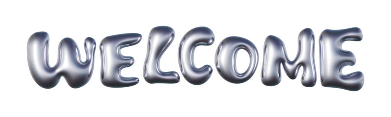 Word Welcome written in three-dimensional Y2K glossy chrome blob lettering isolated on transparent background. 3D rendering