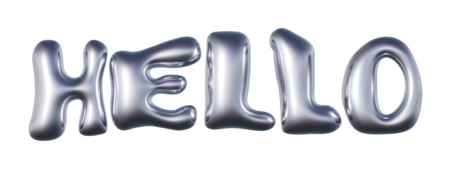 Word Hello written in three-dimensional Y2K glossy chrome blob lettering isolated on transparent background. 3D rendering