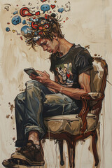 Young man sits on a chair absorbed in his smartphone, with colorful social media icons floating above his head