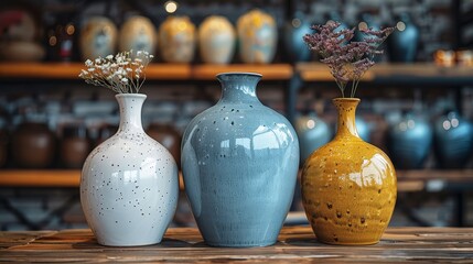   Three vases arranged on a wooden table, adjacent to a shelved display brimming with additional vases