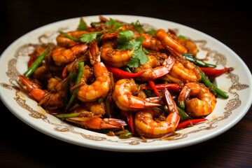 Nutritious Vegetable shrimp. Spring prawn asia. Generate Ai