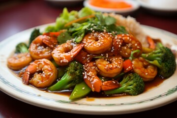 Appetizing Vegetable shrimp closeup. Asian food. Generate Ai