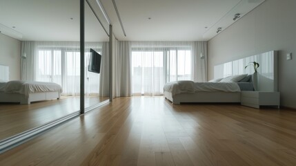 Sleek Minimalist Bedroom Interior with Full-Length Mirror AI Generated.