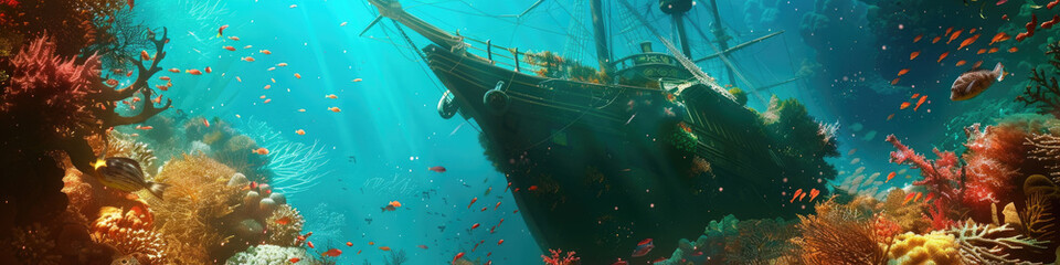 A vibrant coral reef thrives around a majestic sunken ship in clear turquoise waters