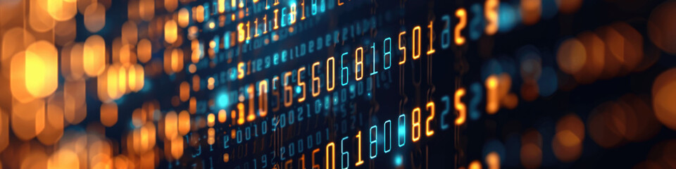 A collection of binary code streaming with a blue and orange bokeh background conveying digital data flow