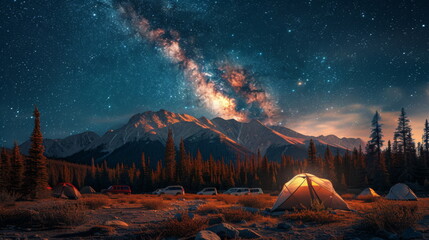 Tent in Field Under Starry Night Sky - obrazy, fototapety, plakaty