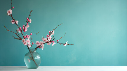 still life with bouquet of blooming cherry branches or sakura in a vase with macarons on blue background. holiday concept - obrazy, fototapety, plakaty
