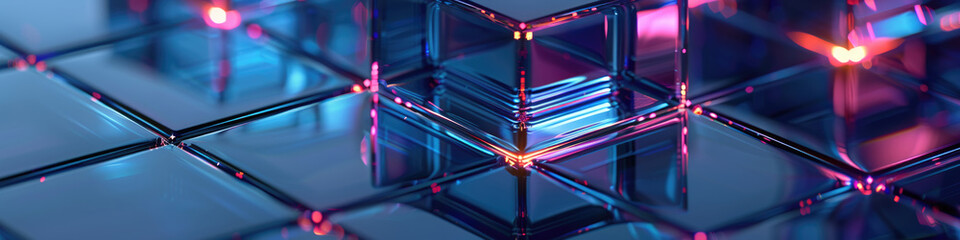 A series of interconnected cubes illuminated in neon blue and purple, suggesting a high-tech or futuristic setting