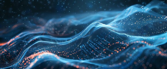 Abstract background with blue and gold particles. Digital fiber optic cable concept. Information data flow concept. Christmas Golden light shines glitters on dark background. 