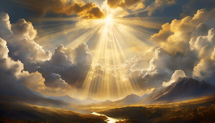 golden clouds parting with radiant sunbeams, evoking serenity and spiritual enlightenment