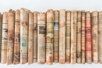 close-up photograph of aged newspapers arranged neatly, against a simple white background, highlighting the enduring appeal and cultural significance of print journalism.