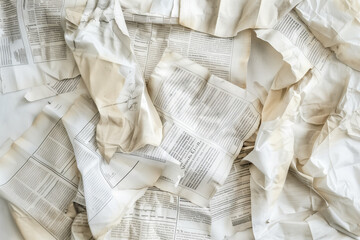 texture and detail of old newspapers piled together, against a pristine white background, evoking memories of bygone eras and historical events.