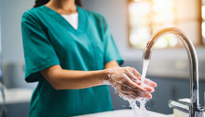 Surgeon's hands under tap, prepping for OR. Cleanliness and sterility emphasized