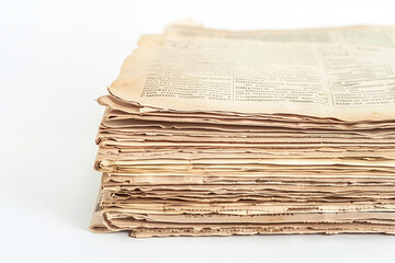 close-up photo of stack of old newspapers laid together, against a clean white background, capturing the nostalgia and charm of vintage print media. - obrazy, fototapety, plakaty
