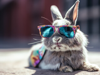 A rabbit wearing sunglasses and standing on a wall. The rabbit is wearing a pair of yellow sunglasses and he is posing for a photo. The wall behind the rabbit is painted in bright colors - Powered by Adobe