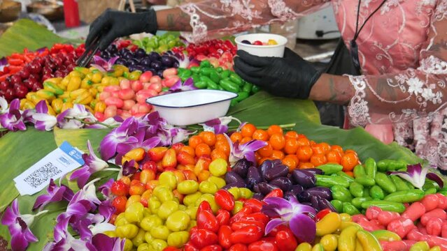 Fruit-shaped mung bean paste dessert of traditional Thai dessert (Kanom Luk Chup)