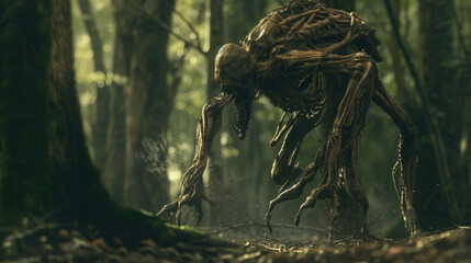 A strange and eerie creature makes its way through a dense forest filled with towering trees - obrazy, fototapety, plakaty