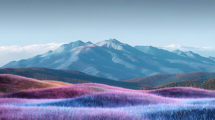 A mountain range with purple and blue grass