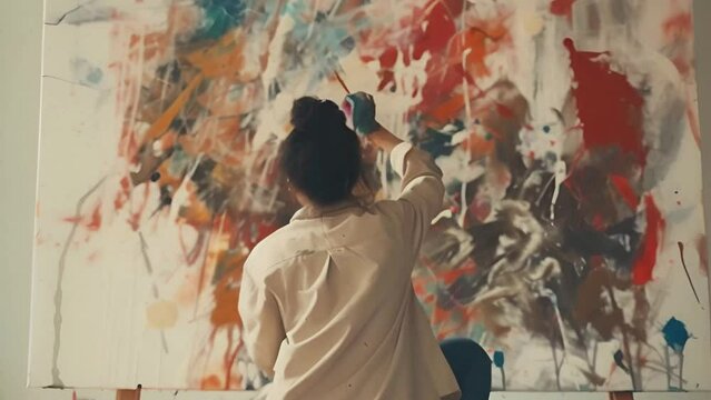 Woman artist painting an abstract picture
