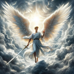 Naklejka premium The shining angel with a sword in hand In the heavens on clouds