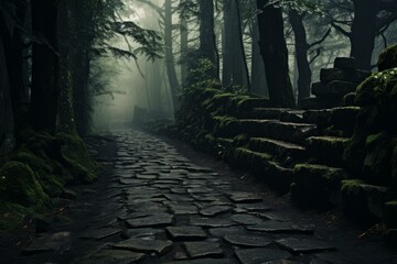 Serene Stone road forest. Summer nature path. Generate Ai