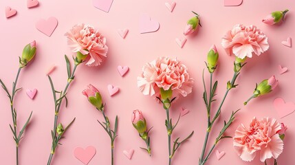 Celebrate Mother s Day with a stunning flat lay composition featuring vibrant carnation flowers delicate pink paper hearts all set against a soft pastel pink backdrop Personalize it with yo