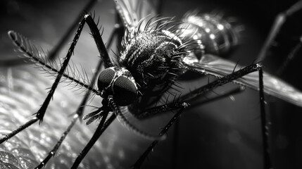A black and white photo of a mosquito with its head down. The photo has a mood of seriousness and a...