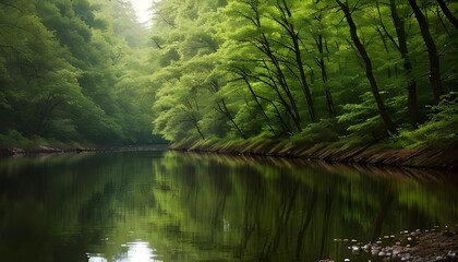 Fototapeta premium Peaceful Lake Nestled Amidst Lush Green Forests: Reflections of Nature's Serenity, Hand Edited Generative AI