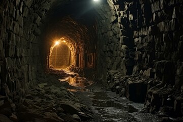 Damp Stone underground tunnel. Stone dark path. Generate Ai
