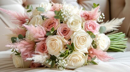   A white bed holds a bouquet of pink and white flowers In the background, a person sits in a chair