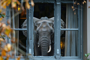 An elephant looks out of the window of an old house. Interesting animals