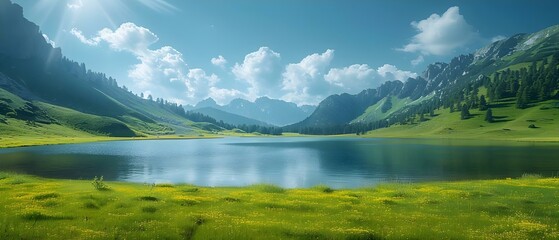Serene Lakeside Retreat Amongst Verdant Peaks. Concept Nature Photography, Peaceful Waters, Mountain Escape