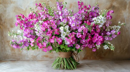   A bouquet of purple and white flowers in a vase with twist ties