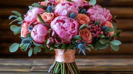   A wooden table holds a bouquet of pink flowers, while a vase of greenery sits nearby against a rustic wooden wall
