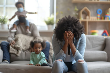 Overwhelmed mother with children at home, highlighting family stress and mental health. Design for support services, educational material.