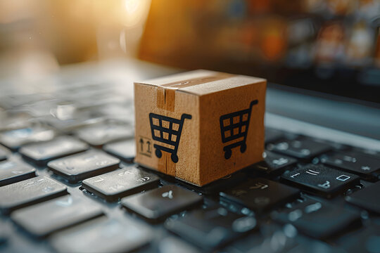 Shopping online. Cardboard box with a shopping cart logo in a trolley on a laptop keyboard payment by credit card and offers home delivery