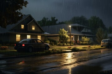 Dark Storm rain house night. Summer sky. Generate Ai