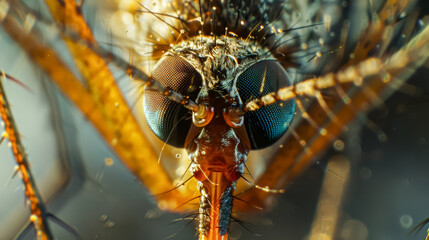 A close up of a bug with a red head and black body. The bug is in the sun and has a lot of dust on it - Powered by Adobe