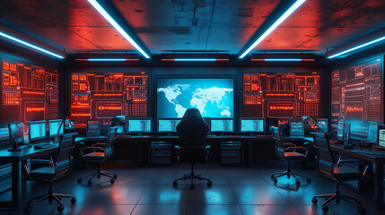 A lone analyst in the cybersecurity operating room, red diffused light, the concept of digital vigilance