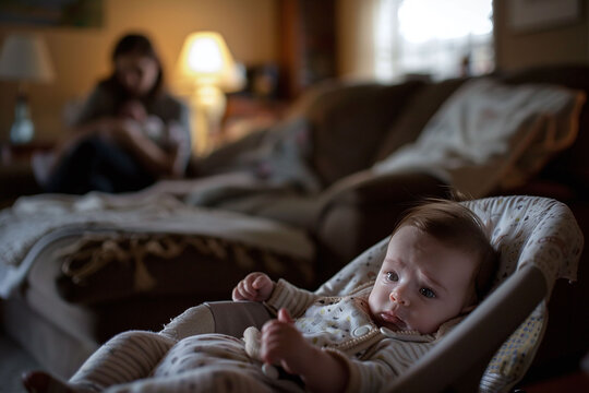 Infant in focus with blurred mother in background, symbolizing postpartum challenges. Design for mental health awareness campaigns
