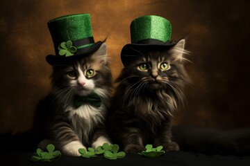 Festive Saint Patrick day cute ginger cats. Adorable feline kitten with green cylindric hats. Generate ai